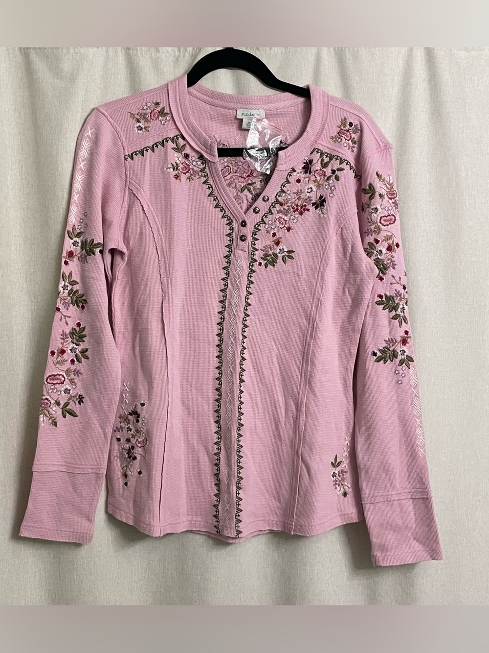 Sundance Pink Floral Embroidered Waffle Knit Henley Top Medium Boho